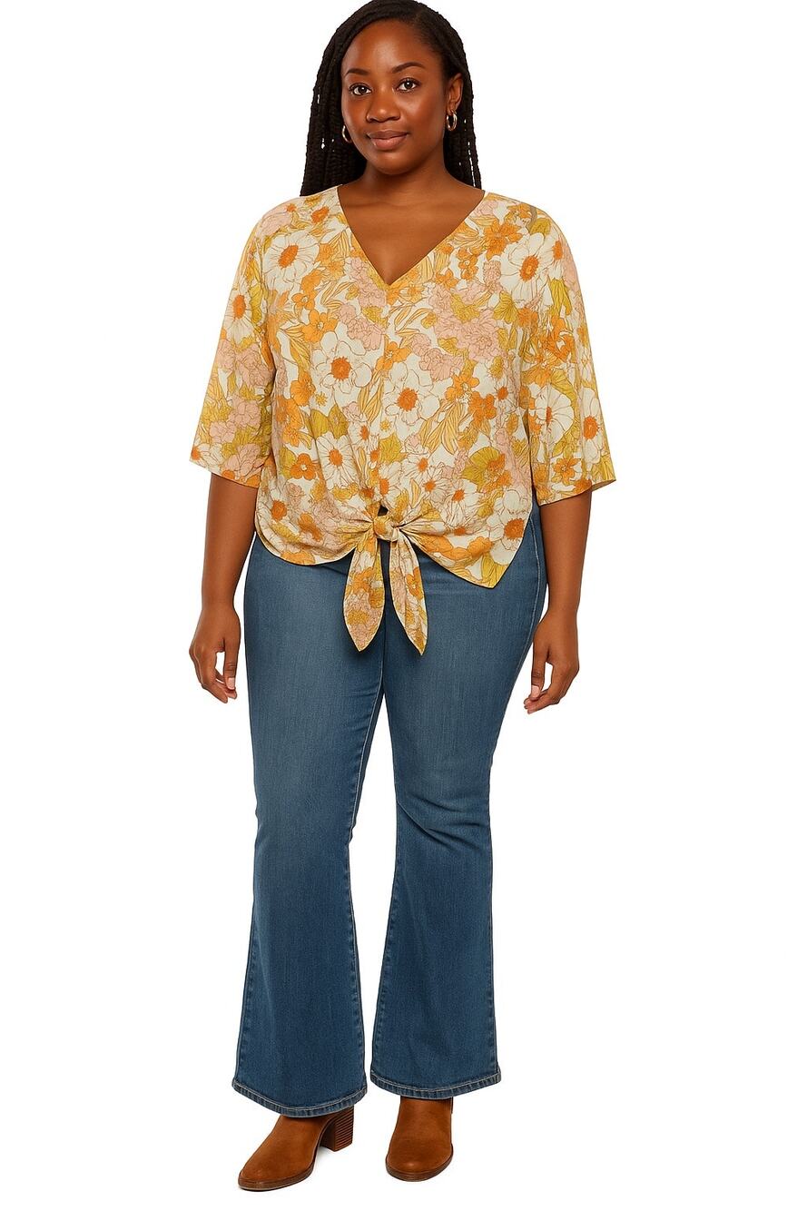 Bluetime Floral V-Neck Tie-Front Blouse boho hippie flower power large retro